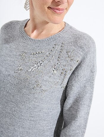 Pull doux col rond avec strass et sequins - Afibel