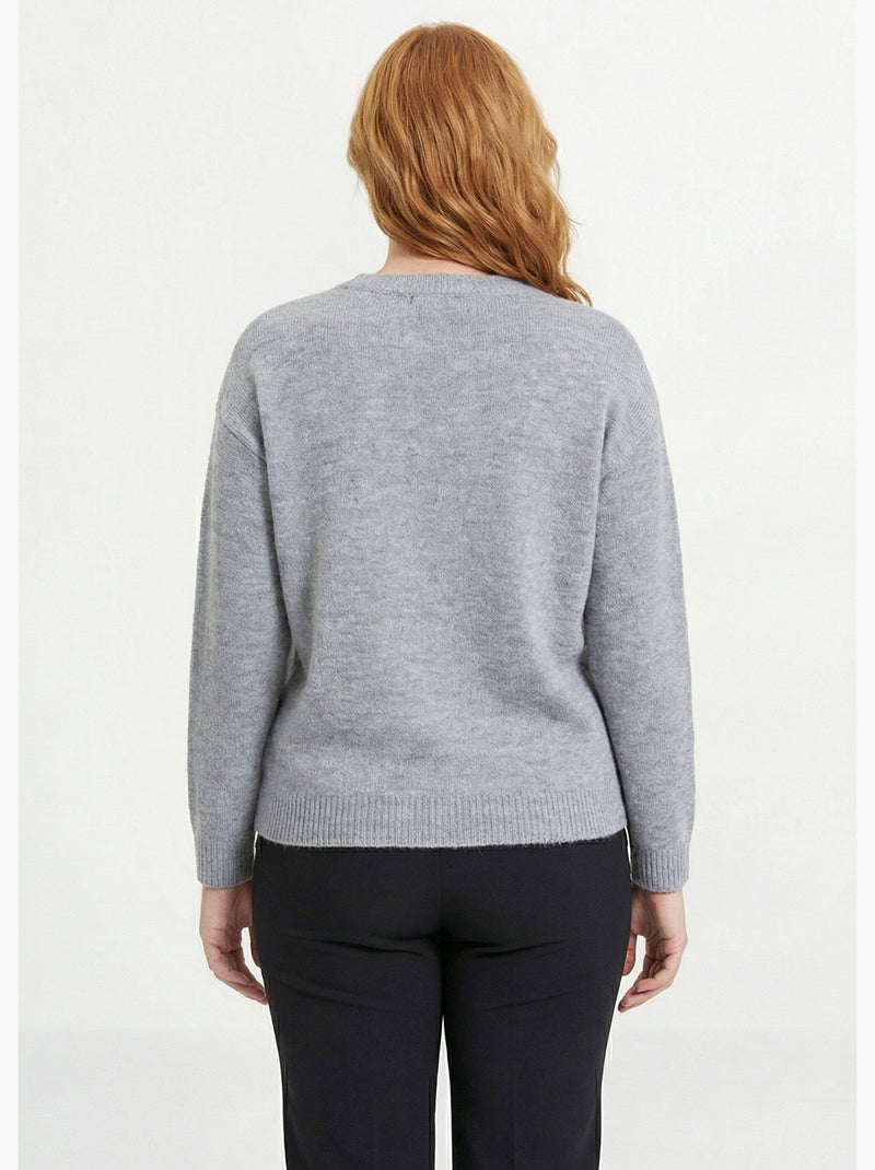 Pull doux col rond avec strass et sequins - Afibel Gris - Kiabi