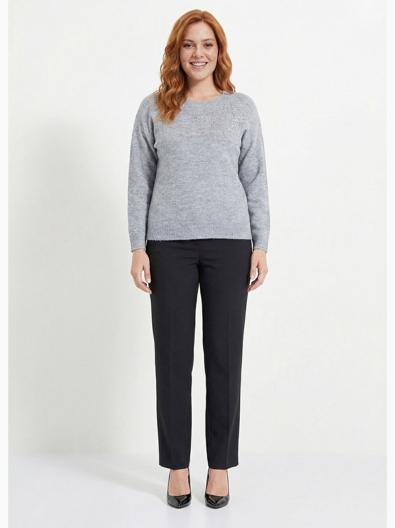 Pull doux col rond avec strass et sequins - Afibel Gris - Kiabi