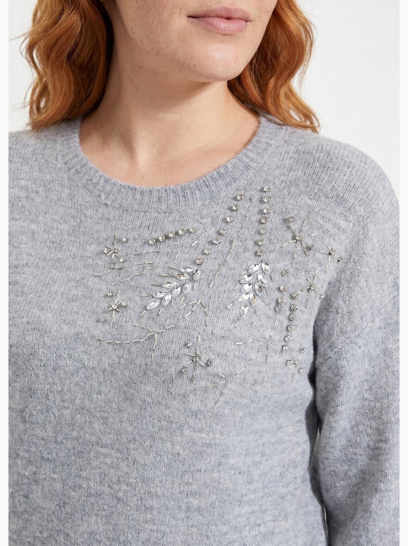 Pull doux col rond avec strass et sequins - Afibel Gris - Kiabi