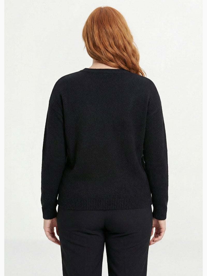 Pull doux col rond avec strass et sequins - Afibel Noir - Kiabi