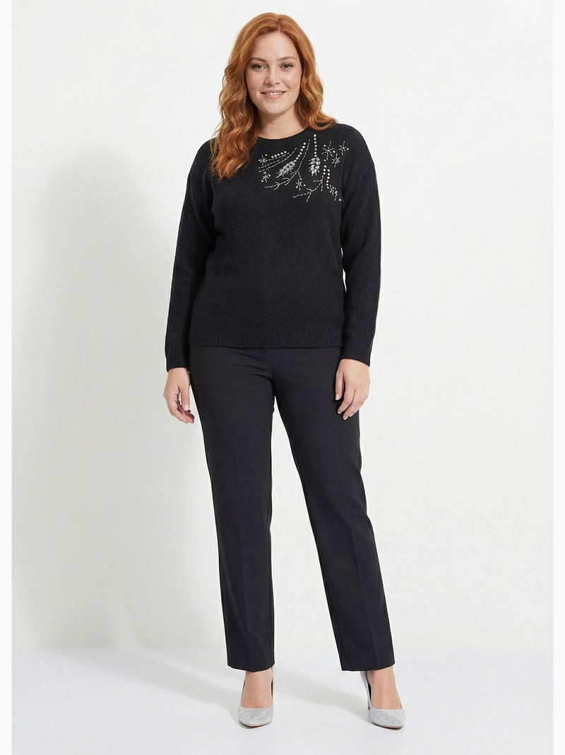 Pull doux col rond avec strass et sequins - Afibel Noir - Kiabi