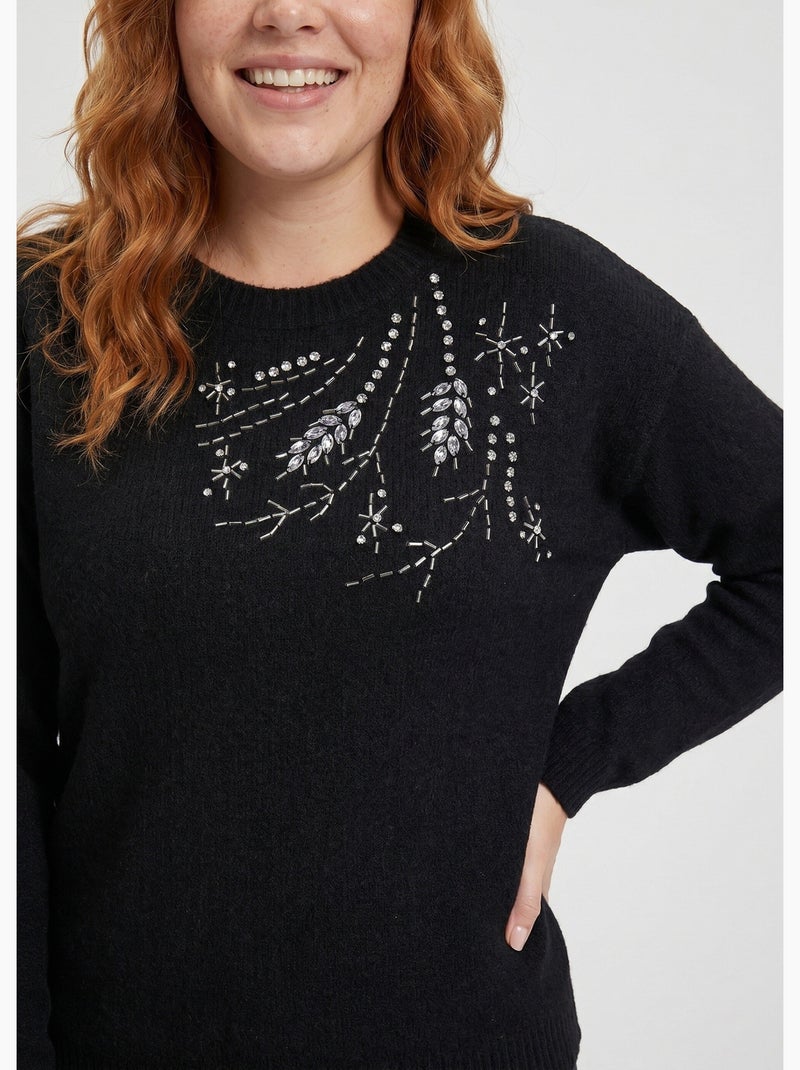 Pull doux col rond avec strass et sequins - Afibel Noir - Kiabi