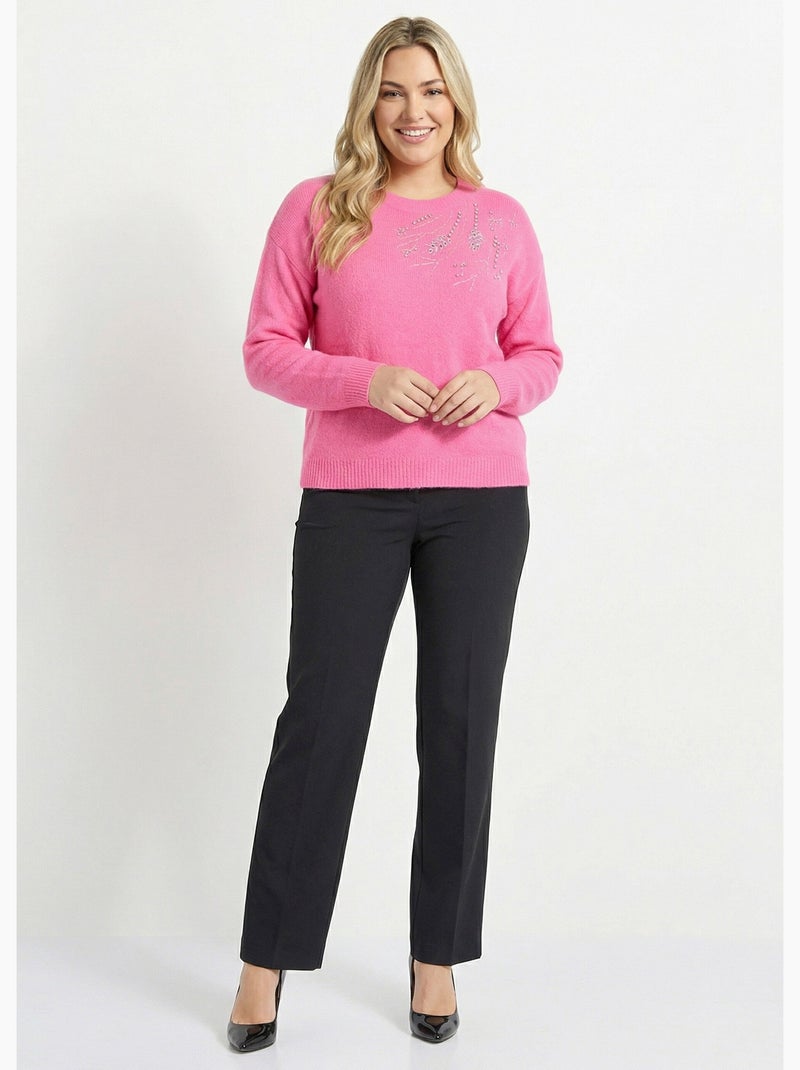 Pull doux col rond avec strass et sequins - Afibel Rose - Kiabi