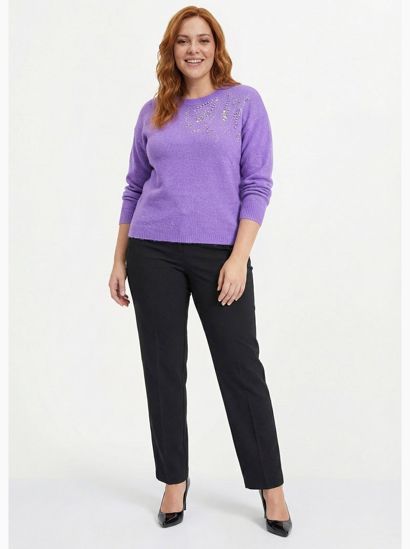 Pull doux col rond avec strass et sequins - Afibel Violet - Kiabi