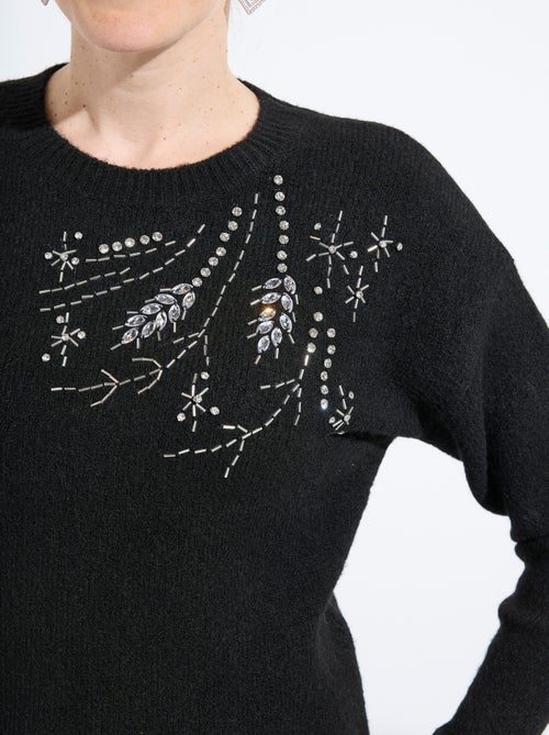 Pull doux col rond avec strass et sequins - Afibel - Kiabi