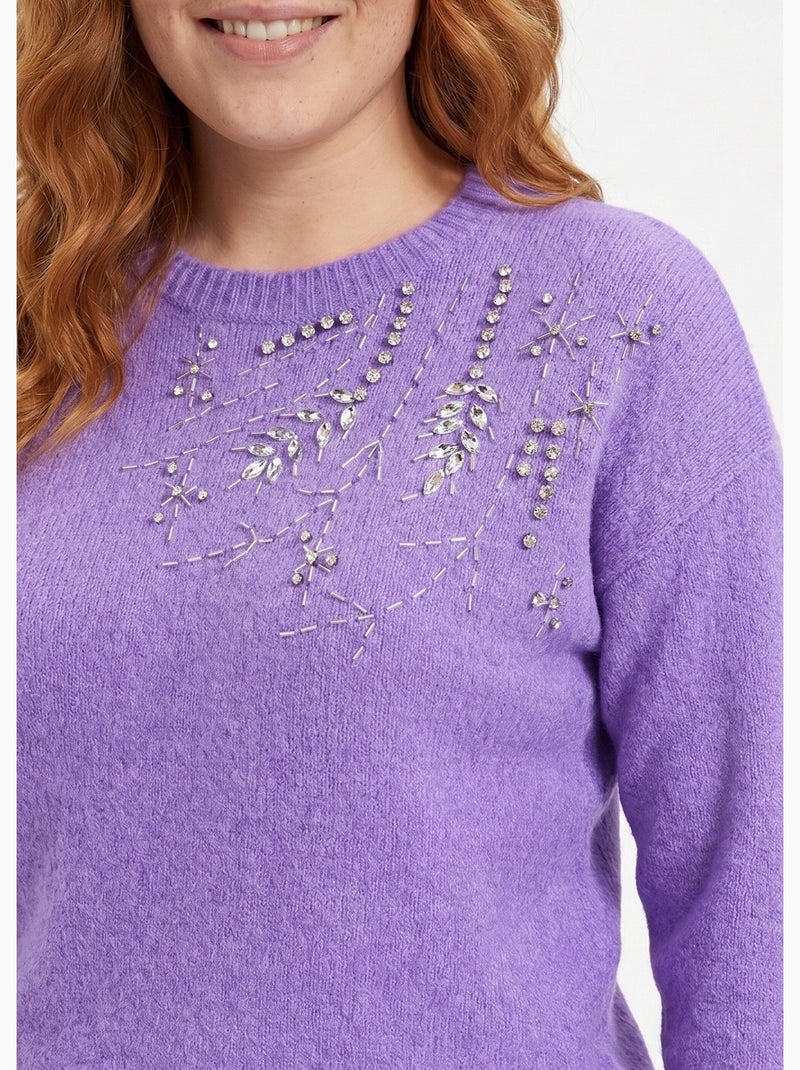 Pull doux col rond avec strass et sequins - Afibel Violet - Kiabi