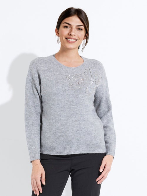 Pull doux col rond avec strass et sequins - Kiabi