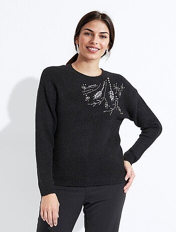 Pull doux col rond avec strass et sequins