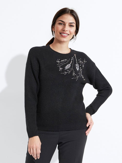 Pull doux col rond avec strass et sequins - Kiabi
