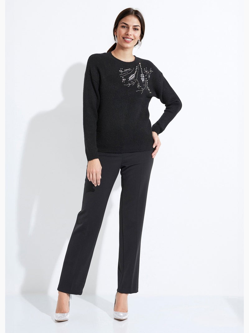 Pull doux col rond avec strass et sequins Noir - Kiabi