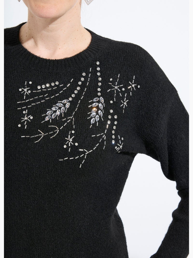 Pull doux col rond avec strass et sequins Noir - Kiabi