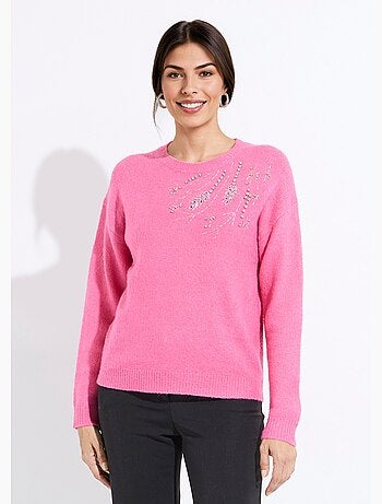 Pull doux col rond avec strass et sequins