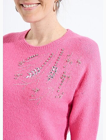 Pull doux col rond avec strass et sequins
