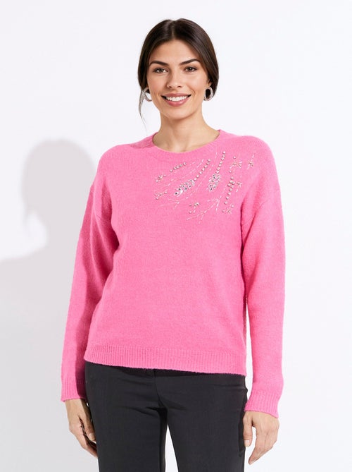 Pull doux col rond avec strass et sequins - Kiabi