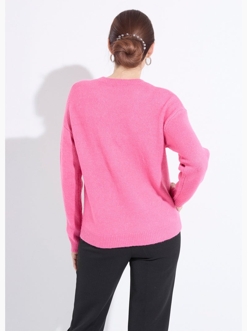 Pull doux col rond avec strass et sequins Rose - Kiabi
