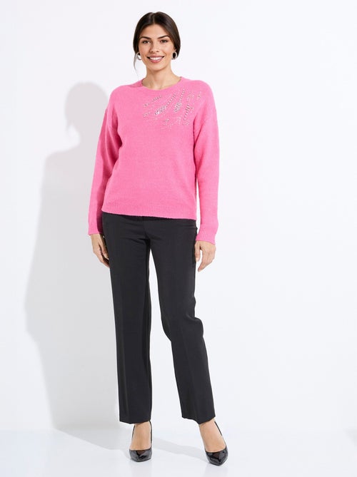 Pull doux col rond avec strass et sequins - Kiabi