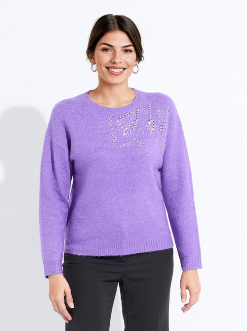 Pull doux col rond avec strass et sequins - Kiabi