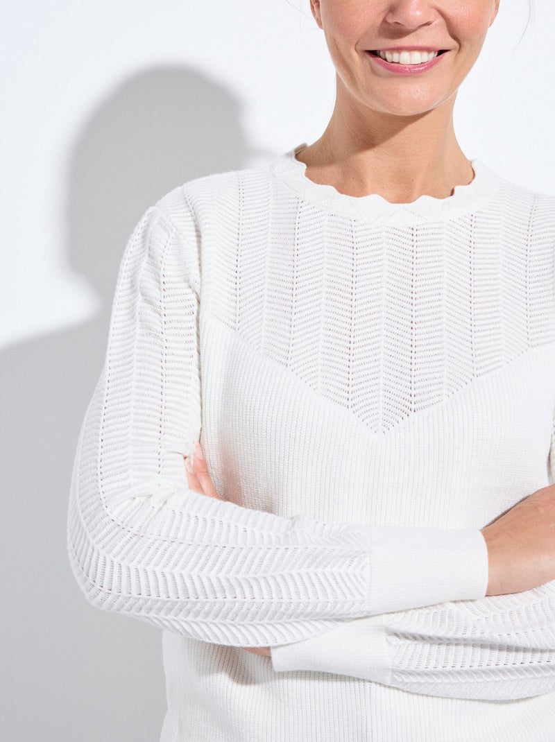 Pull doux col rond manches longues blousantes - Afibel Ecru - Kiabi