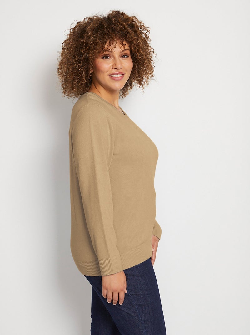 Pull doux col rond manches longues Marron - Kiabi