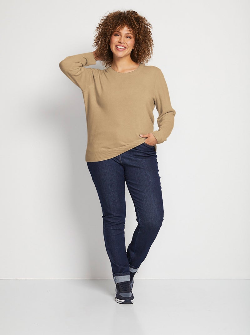 Pull doux col rond manches longues Marron - Kiabi