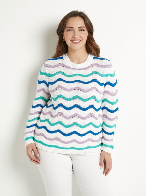Pull doux col rond reliefé rayé point mousse - Afibel - Kiabi
