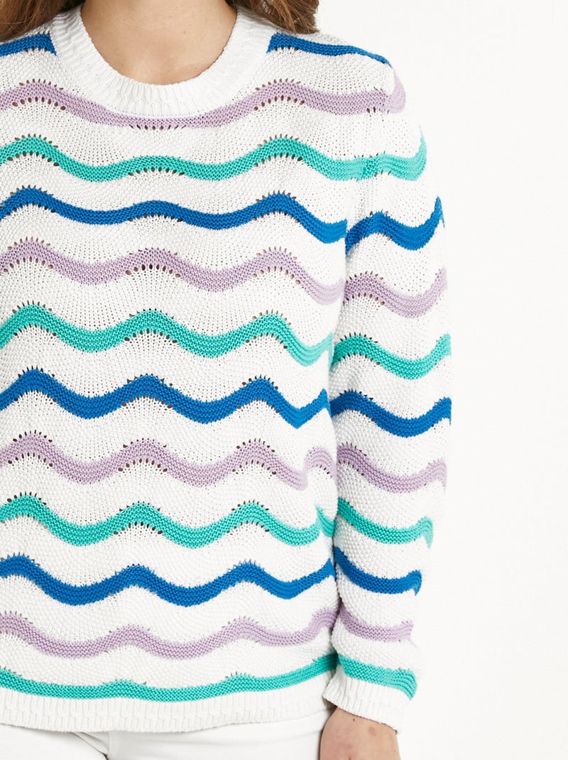 Pull doux col rond reliefé rayé point mousse - Afibel Ecru - Kiabi