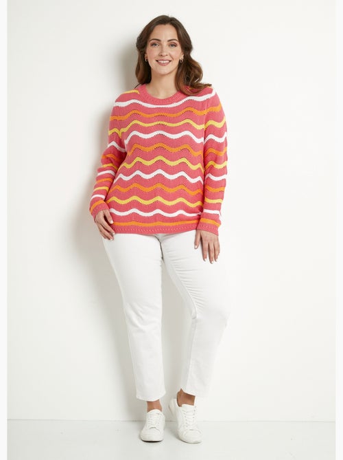 Pull doux col rond reliefé rayé point mousse - Afibel - Kiabi