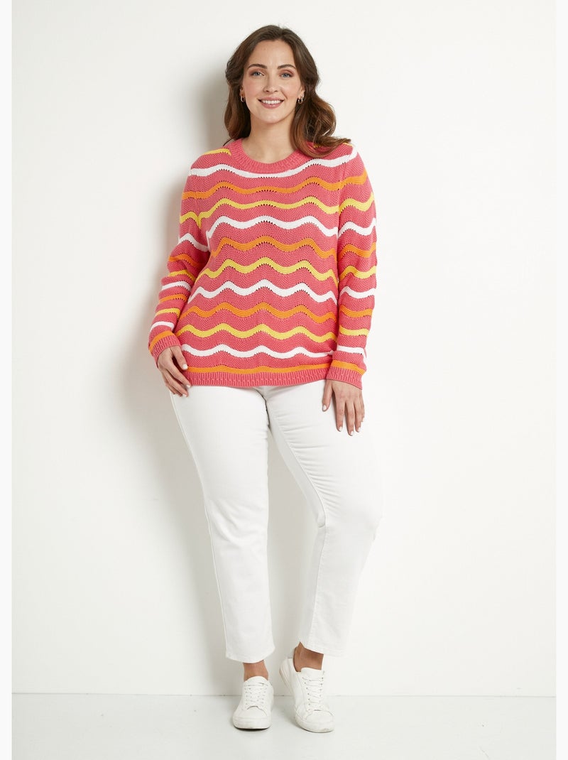 Pull doux col rond reliefé rayé point mousse - Afibel Rose - Kiabi