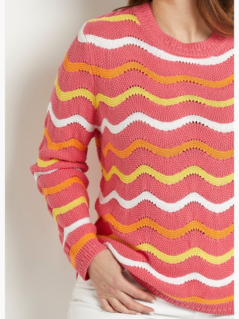 Pull doux col rond reliefé rayé point mousse - Afibel Rose - Kiabi