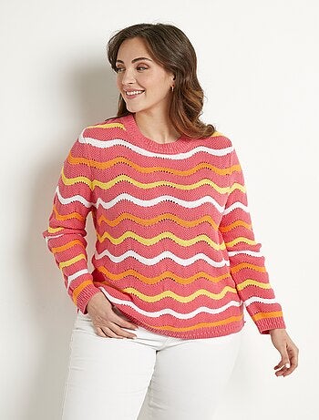 Pull doux col rond reliefé rayé point mousse