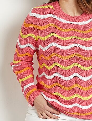 Pull doux col rond reliefé rayé point mousse