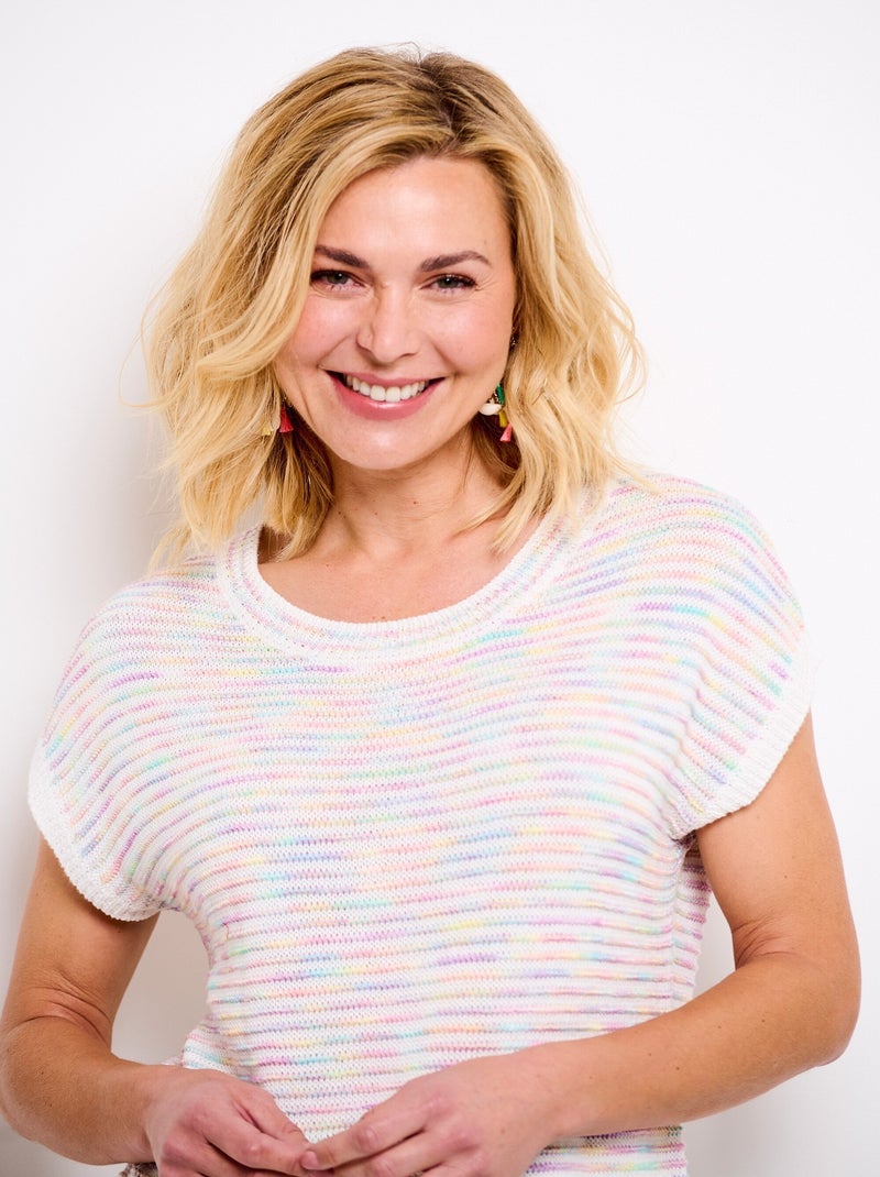 Pull doux col rond sans manches effet rayé - Afibel Mauve - Kiabi
