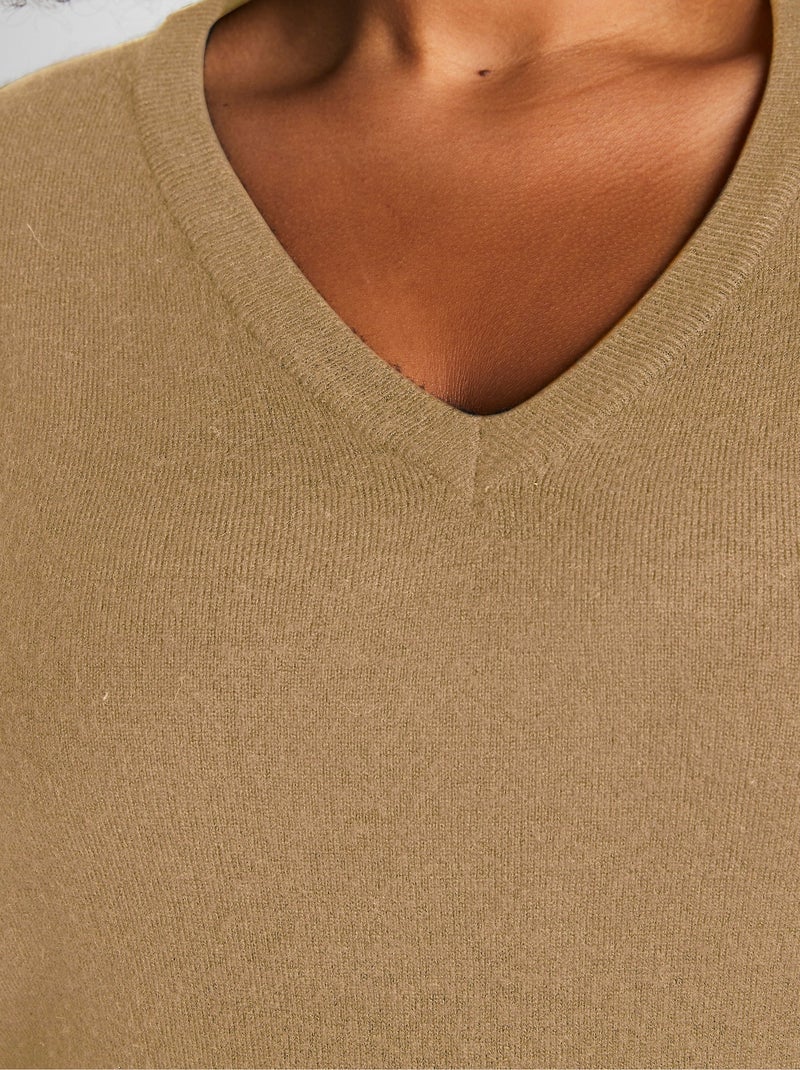 Pull doux col V manches longues - Afibel Marron - Kiabi