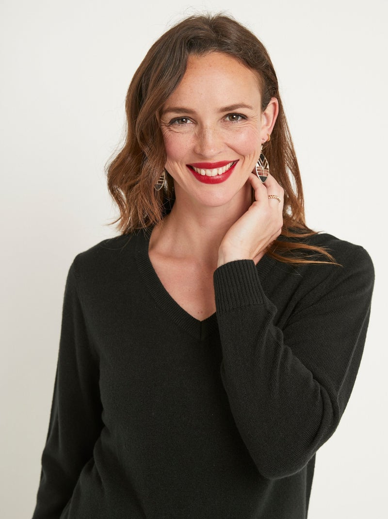 Pull doux col V manches longues - Afibel Noir - Kiabi