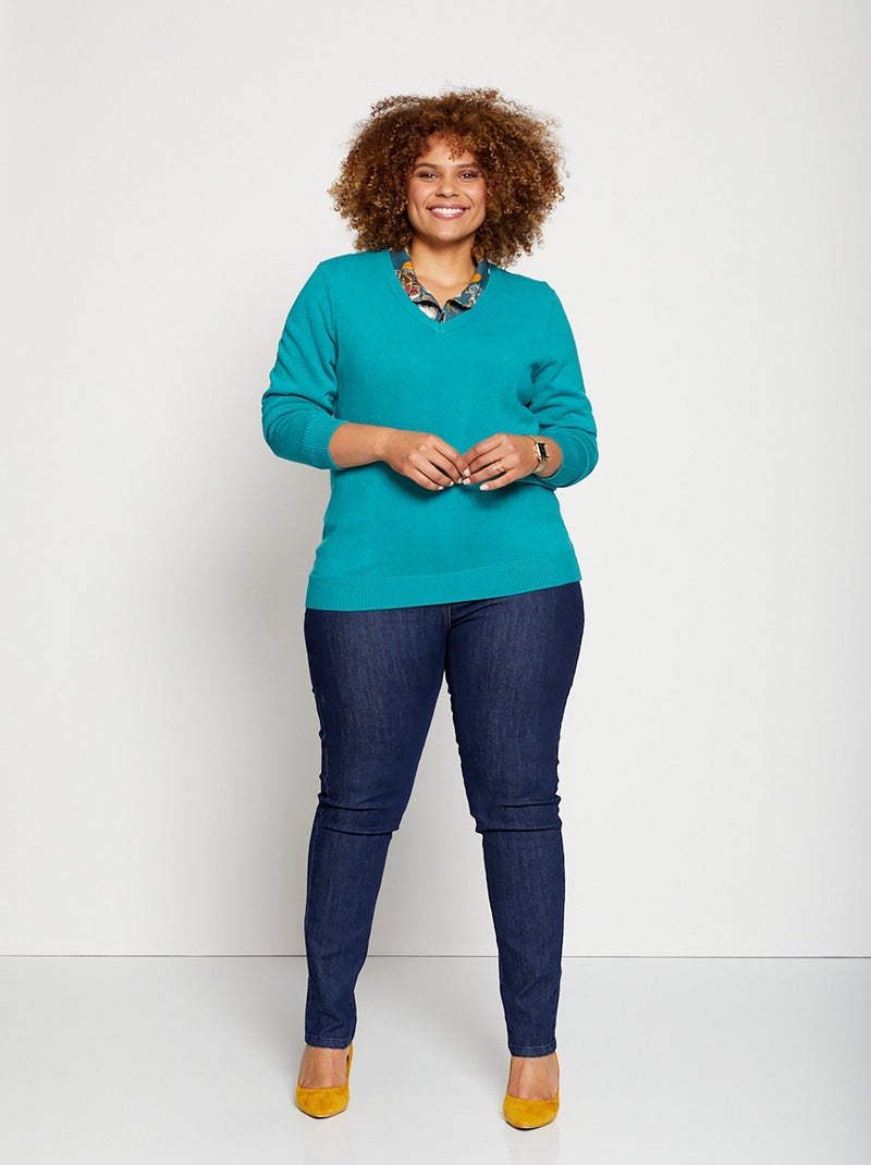 Pull doux col V manches longues - Afibel Vert - Kiabi