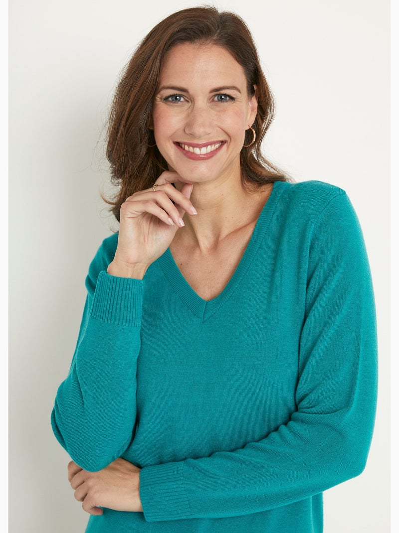 Pull doux col V manches longues - Afibel Vert - Kiabi
