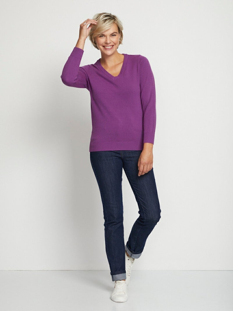 Pull doux col V manches longues - Afibel Violet - Kiabi