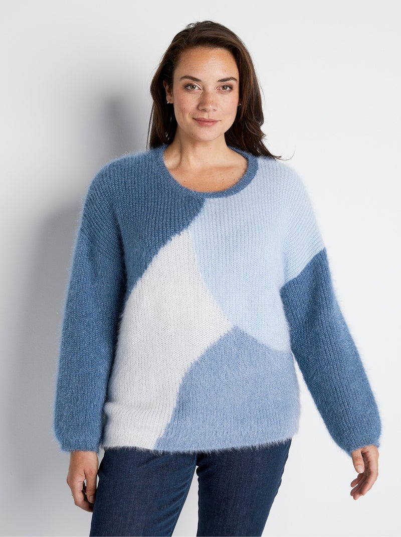 Pull doux colorblock maille poilue Bleu Ecru - Kiabi