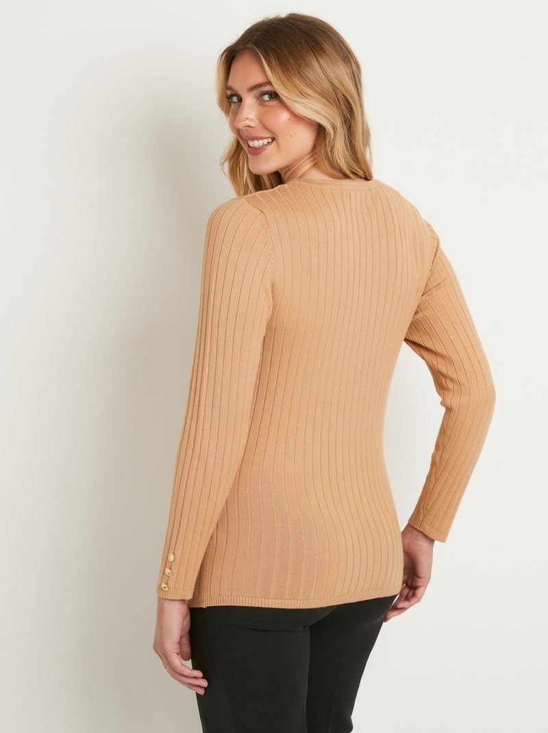 Pull doux côtelé court col rond côtes plates - Afibel Camel - Kiabi