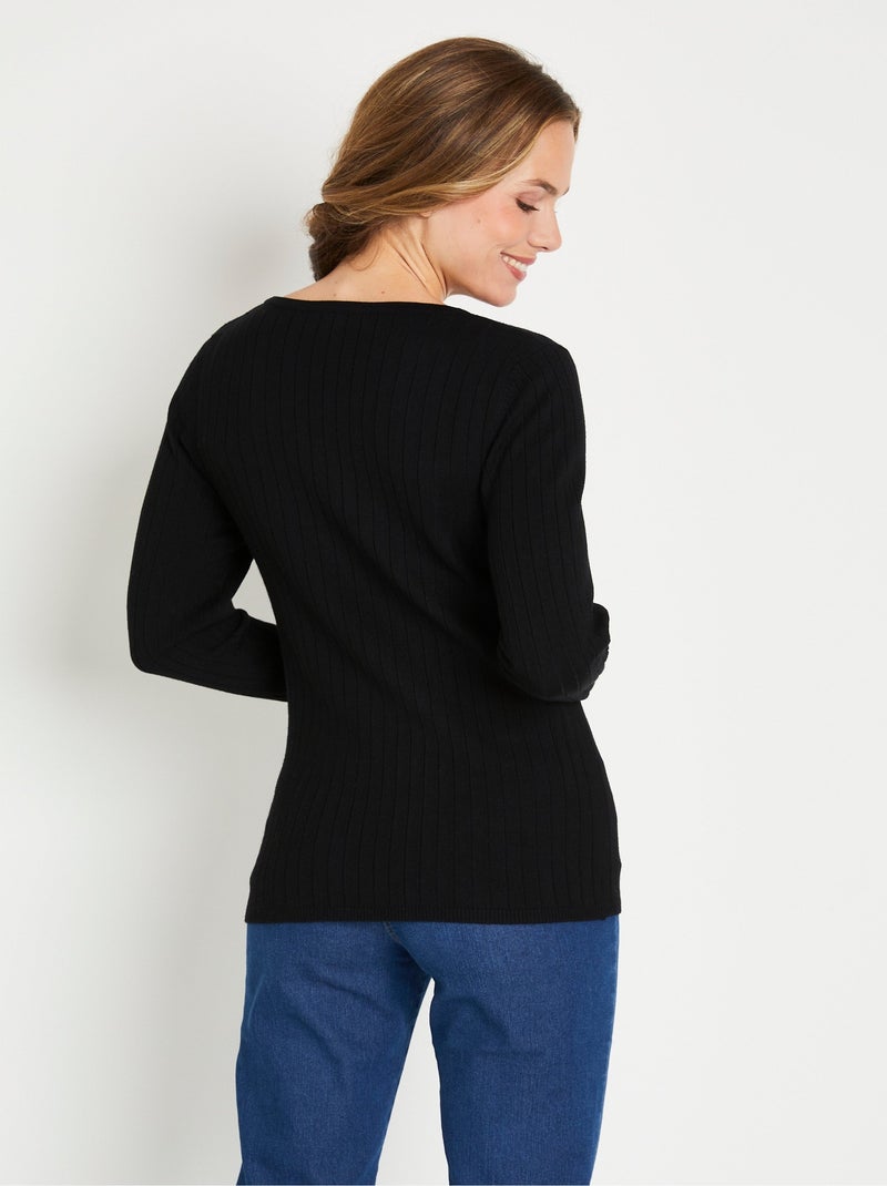 Pull doux côtelé court col rond côtes plates - Afibel Noir - Kiabi