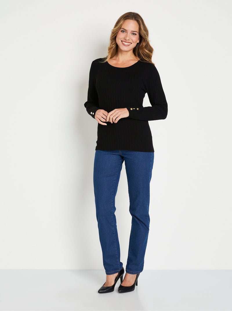 Pull doux côtelé court col rond côtes plates - Afibel Noir - Kiabi