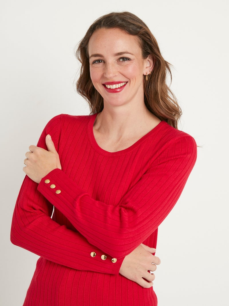 Pull doux côtelé court col rond côtes plates - Afibel Rouge - Kiabi