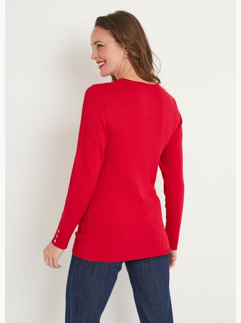 Pull doux côtelé court col rond côtes plates Rouge - Kiabi