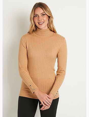 Pull doux côtelé court col roulé côtes plates - Afibel