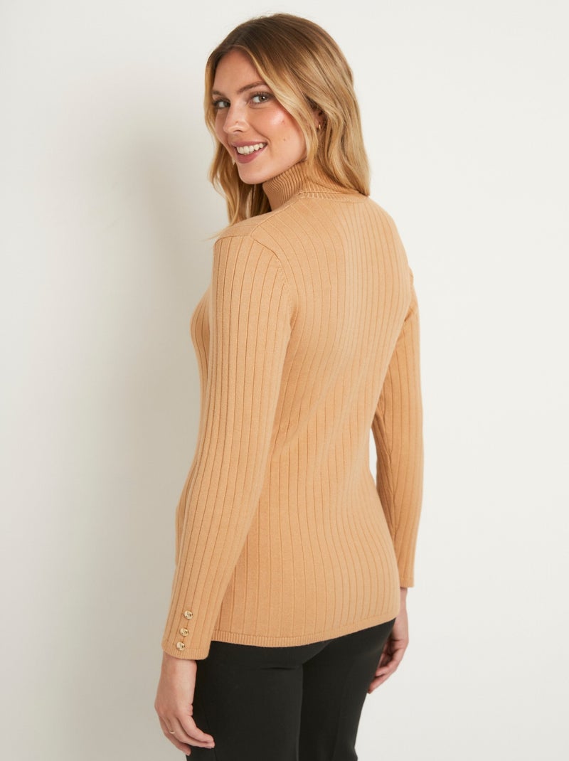 Pull doux côtelé court col roulé côtes plates - Afibel Camel - Kiabi