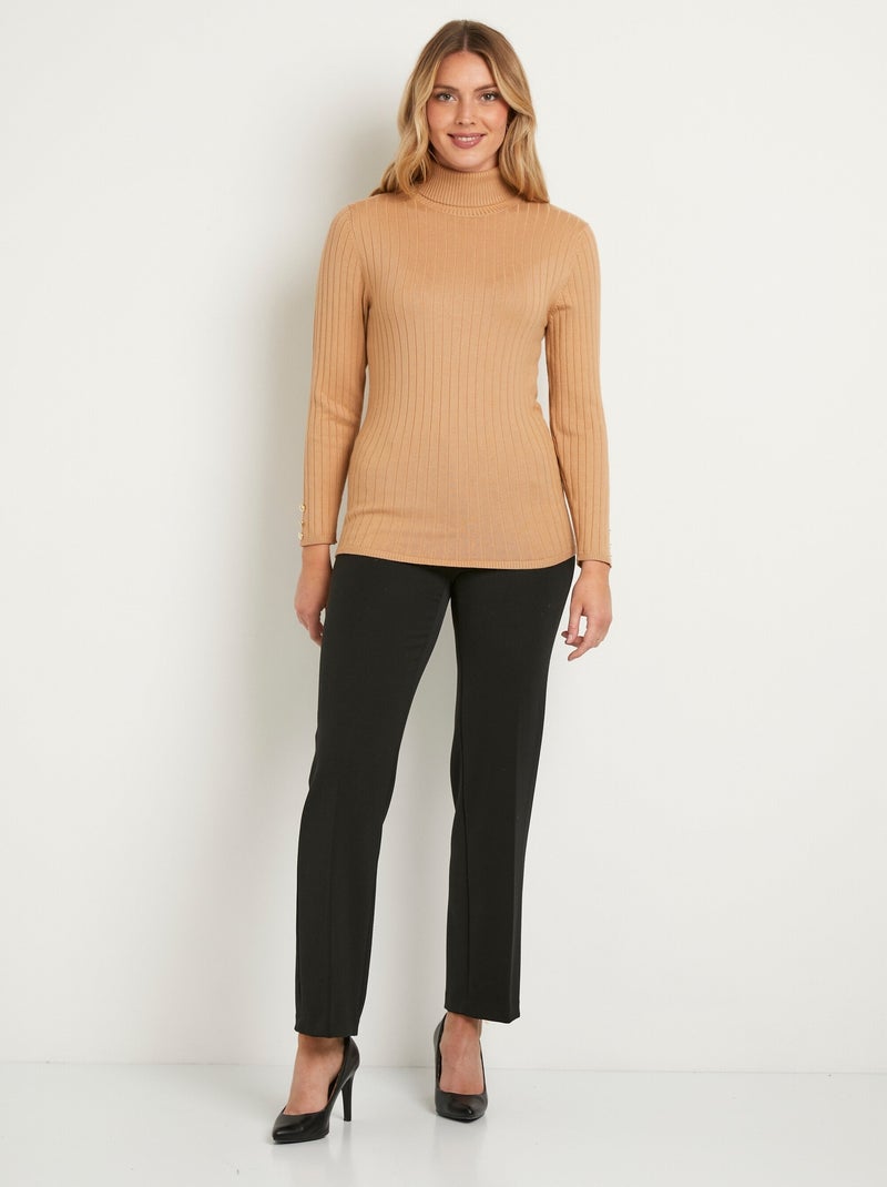 Pull doux côtelé court col roulé côtes plates - Afibel Camel - Kiabi