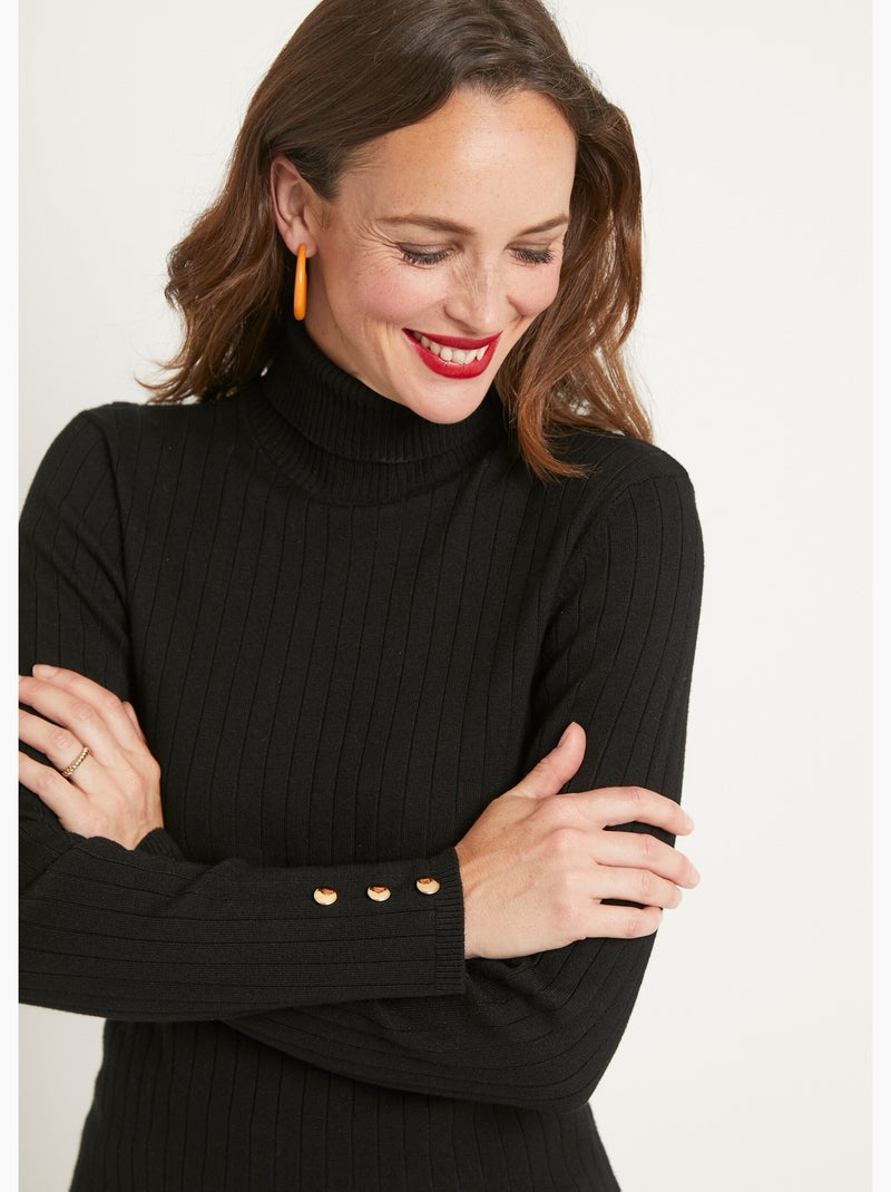 Pull doux côtelé court col roulé côtes plates Noir - Kiabi