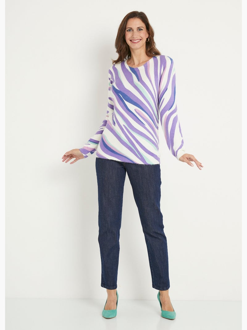 Pull doux court col rond imprimé graphique Ecru - Kiabi