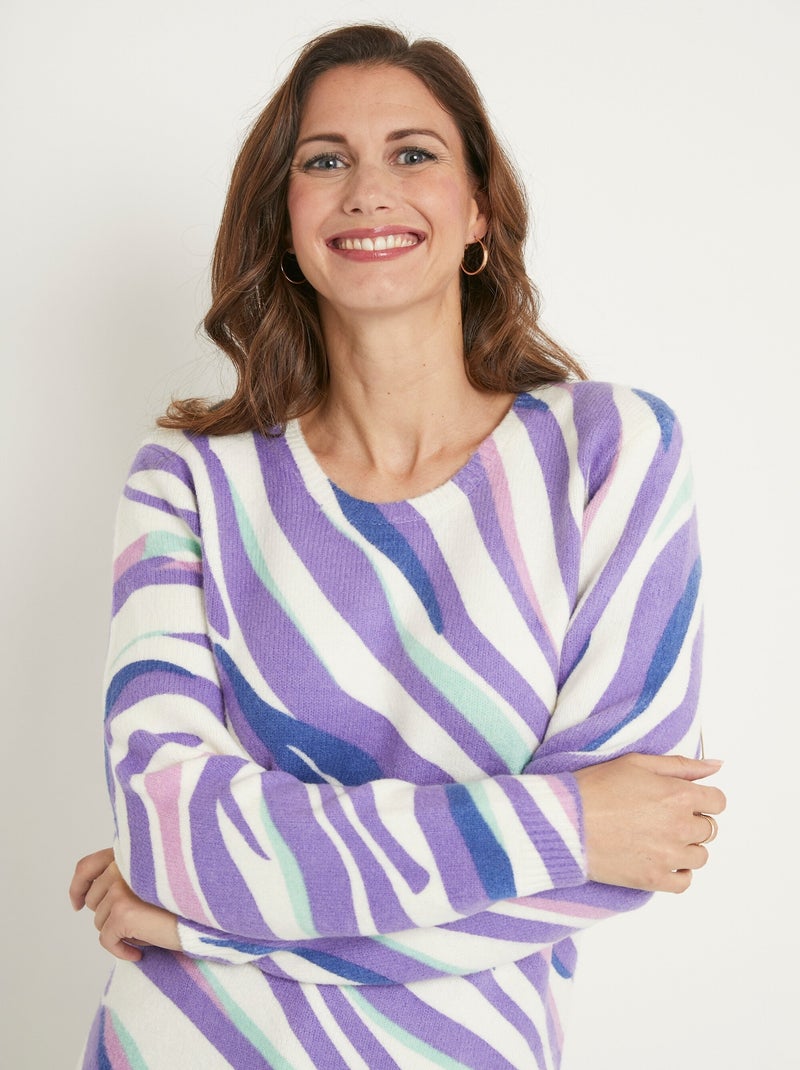 Pull doux court col rond imprimé graphique Ecru - Kiabi